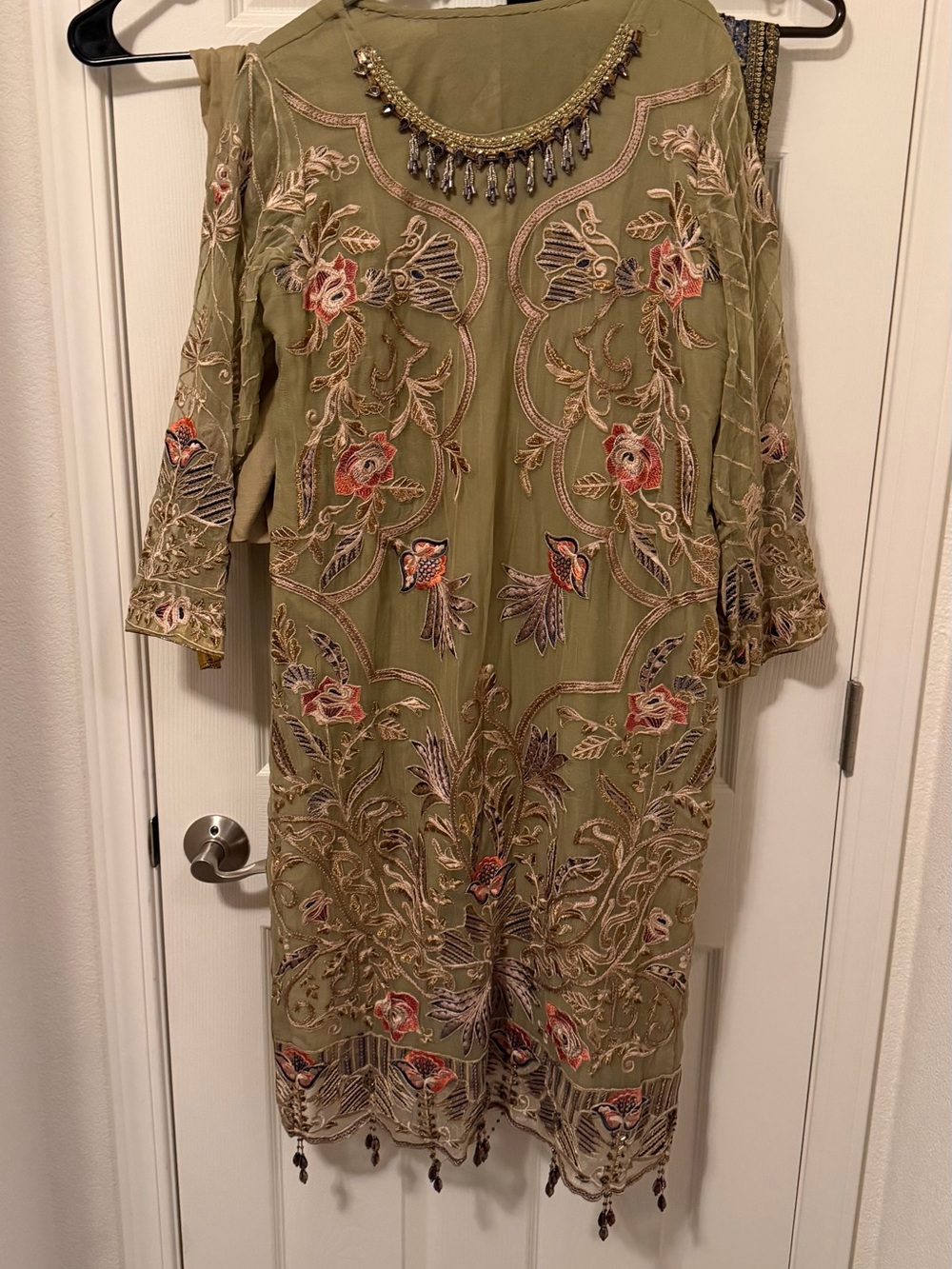 Pakistani Olive Green Embroidered Tunic Dress with Bead Trim